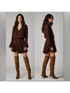 Chocolate Ruffle Tie-Neck Long-Sleeve Chiffon Mini Dress